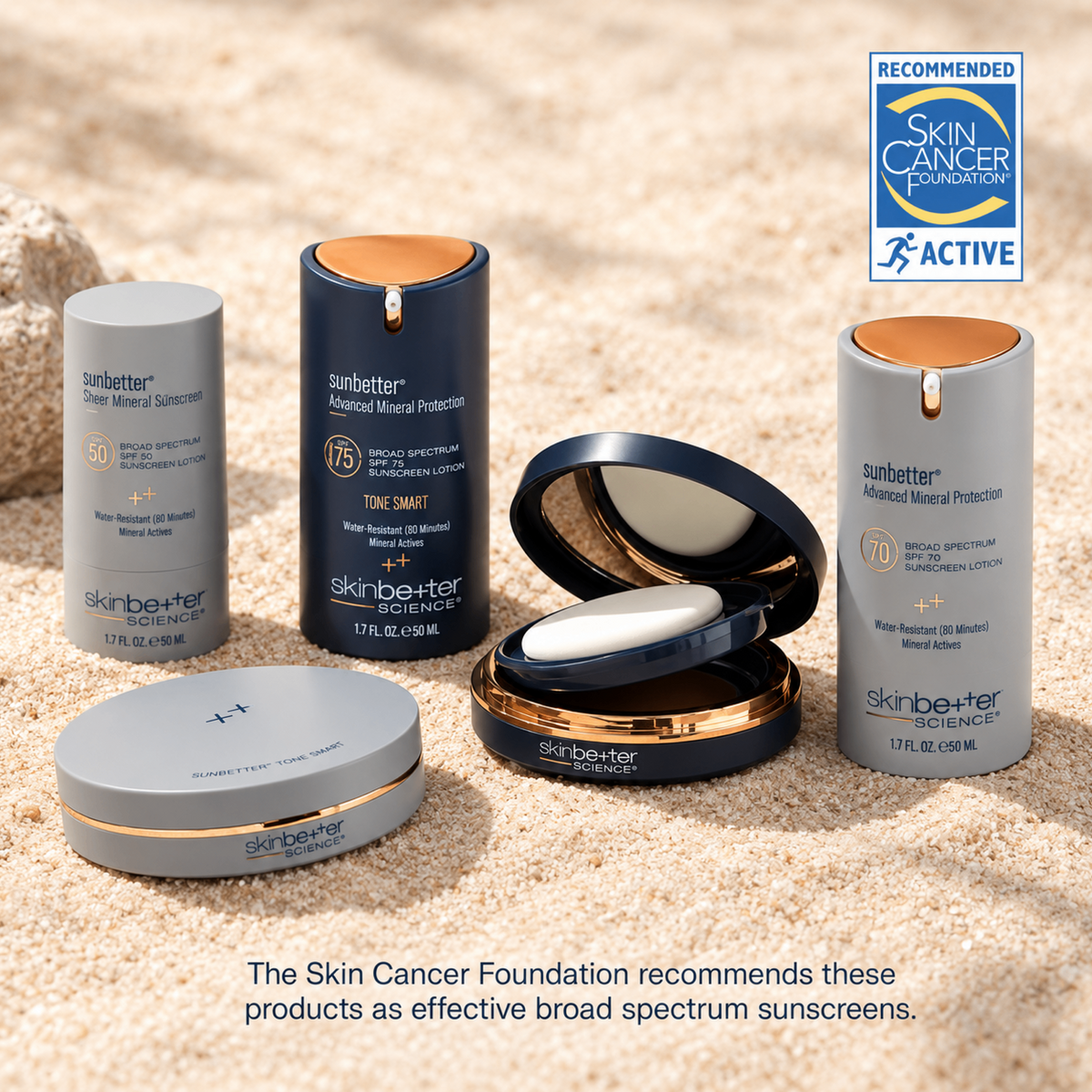 sunbetter mineral sunscreen range by skinbetter science: TONE SMART and SHEER lotion, compact and stick | SkinCrew
