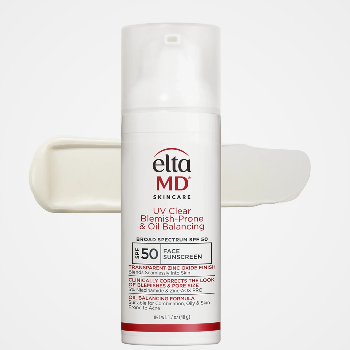 EltaMD UV Clear Blemish-Prone & Oil Balancing SPF 50 (1.7 oz) with texture swatch